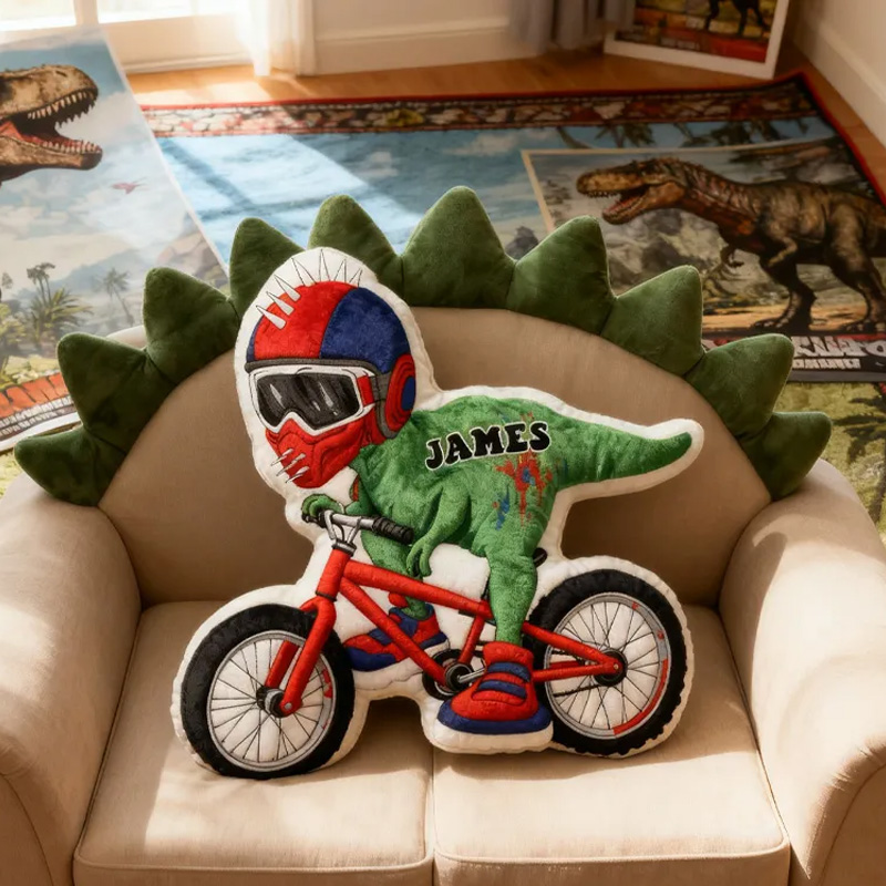 Personalized Dino Rider Bike Pillow Cozy Graphic 3D Print Cool Biker Dino Racing Pillow Name Pillow Comfortable Travel Cushion for Kids Boys Riding Lovers