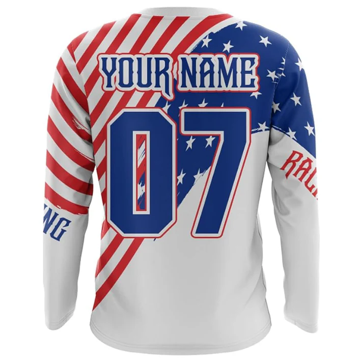 Personalized American Flag Motocross Custom Name Number Long Sleeve Racing Jersey