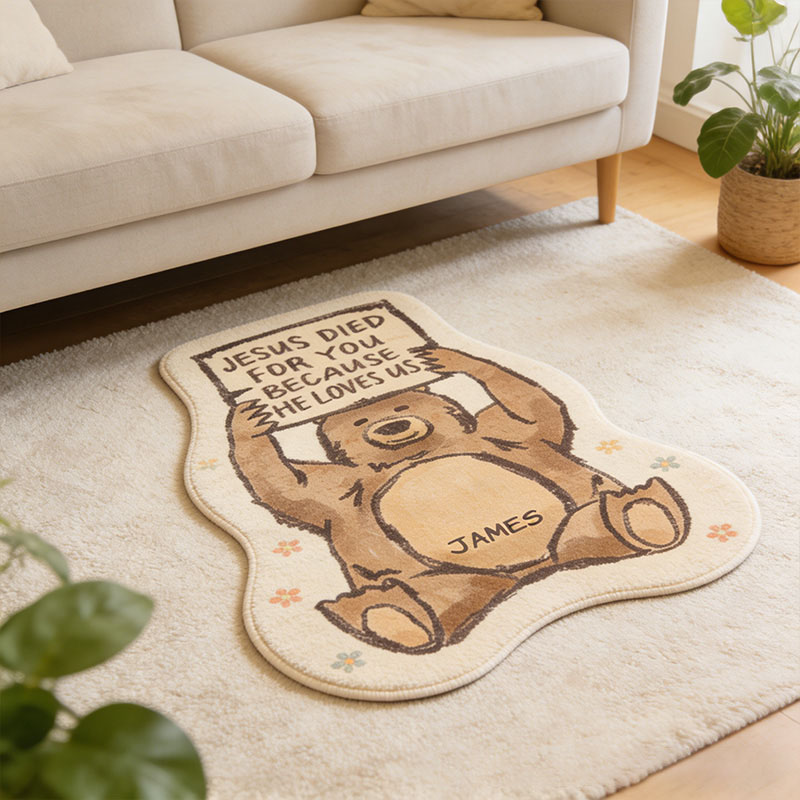 Personalize Jesus Loves us Bear Christian Rug with Custom Name Faith Rug Religious Gift Christian Gift for Jesus Lover