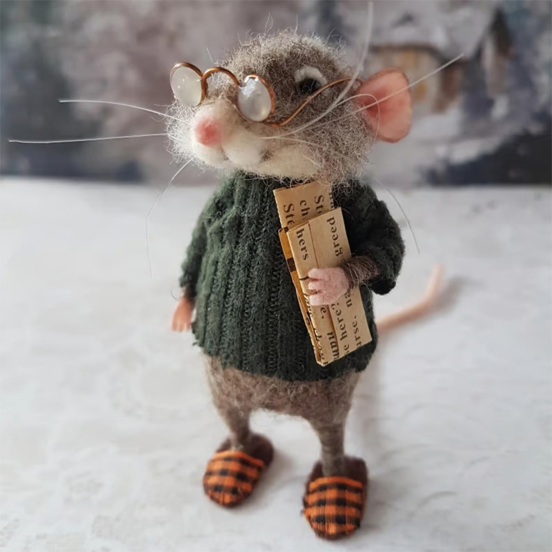 Soft Wool Mouse Figurine, Tactile Mini Sculpture, Cozy Cottagecore Desk Decor