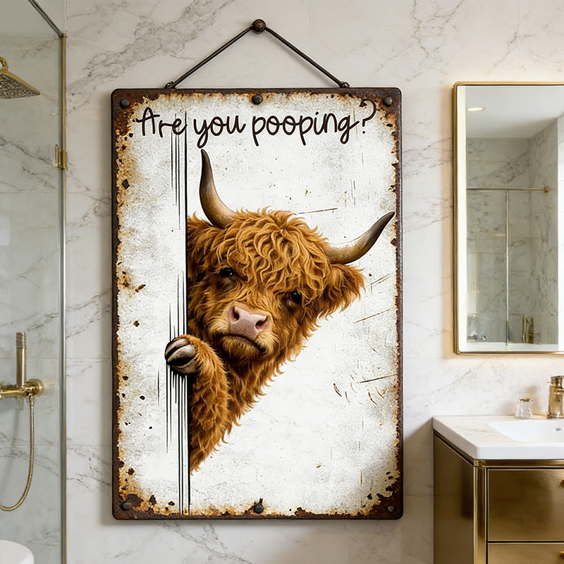 Are You Pooping Highland Cow Sign, Funny Peeking Bathroom Decor, Rustic Farmhouse Humor