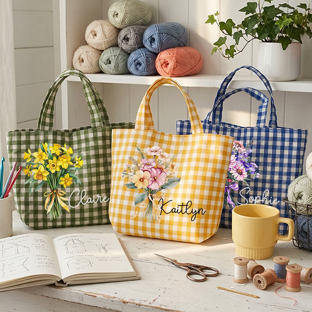 Personalized Crochet Tool Storage Tote Bag Gingham Tote Bag Custom Name Canvas Tote Reusable Shopping Bag