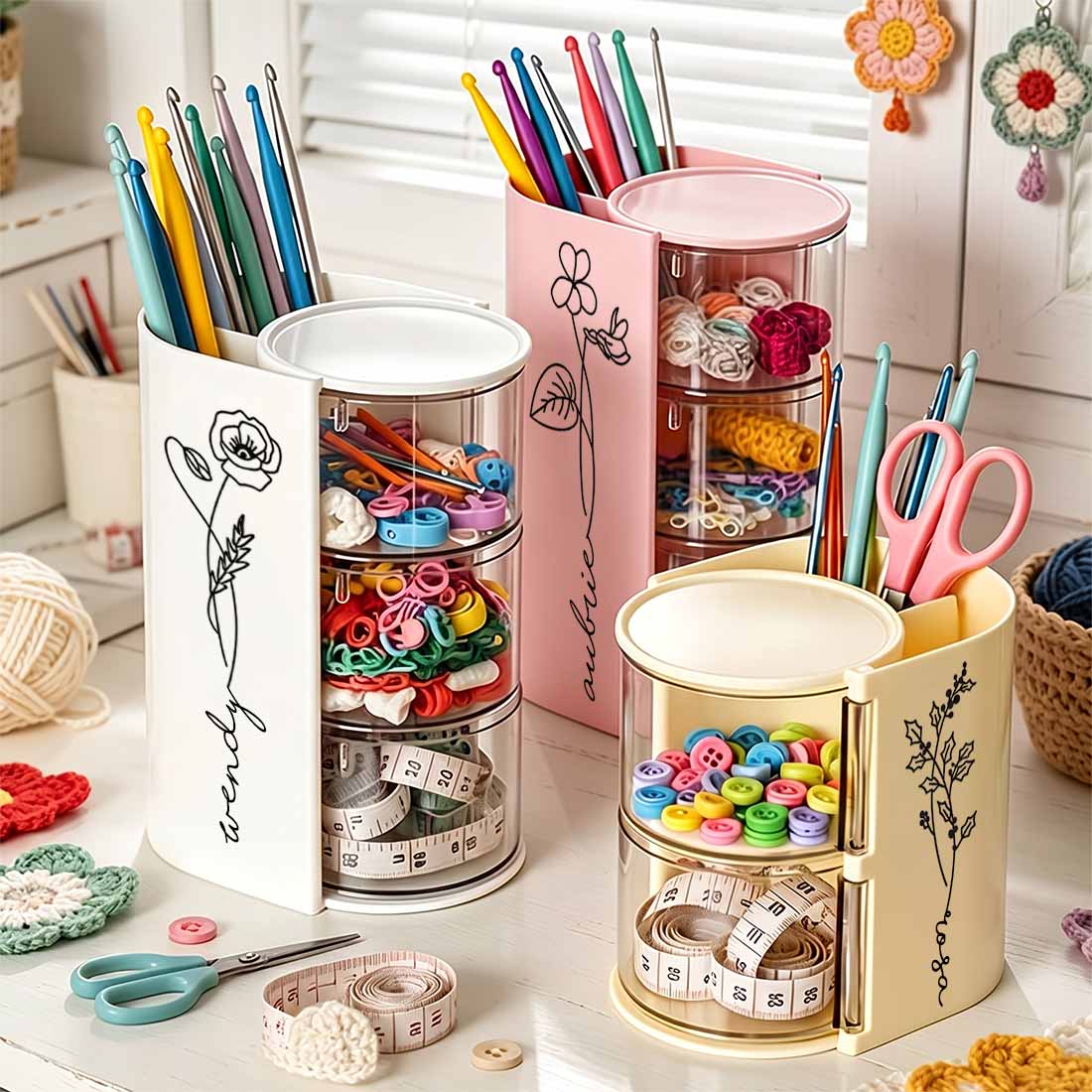Rotary Crocheting Tools Storage Box Transparent Dust Multi Layer Square Crochet Tools Storage Rack
