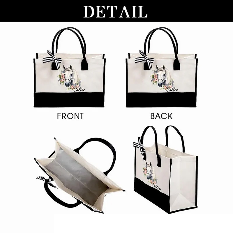Personalized Floral Horse Large Canvas Tote Bag with Name and Waterproof Liner Birthday Gift for Women Riding Lovers