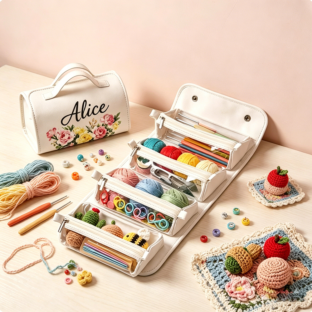 Personalized Crochet Storage Bag Custom Name Birth Flower Yarn Organizer Portable Knitting Tool Bag Travel Craft Storage for Handmade Lovers