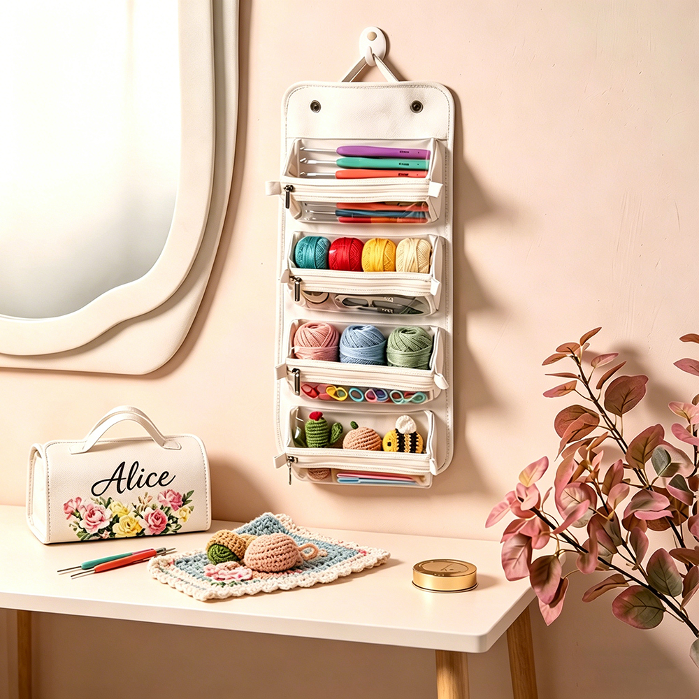 Personalized Crochet Storage Bag Custom Name Birth Flower Yarn Organizer Portable Knitting Tool Bag Travel Craft Storage for Handmade Lovers