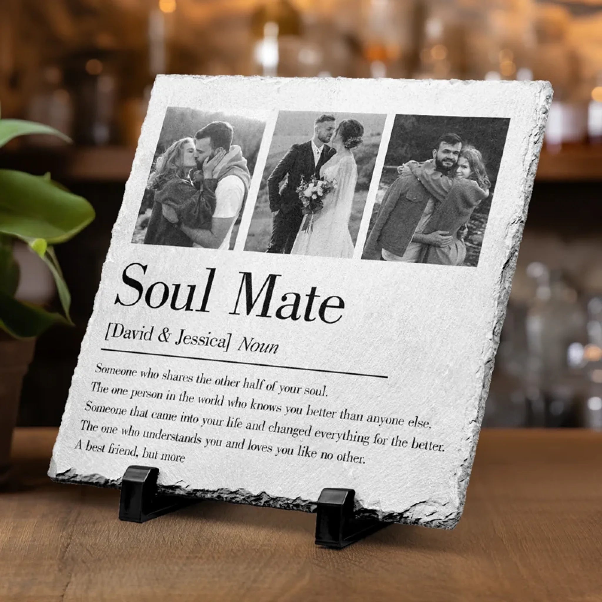 Personalized Couple Photo Soulmate Square Shaped Stone with Stand Custom Newlyweds Photo Stone Wedding Gift Christmas Valentines Day Gift for Him Her