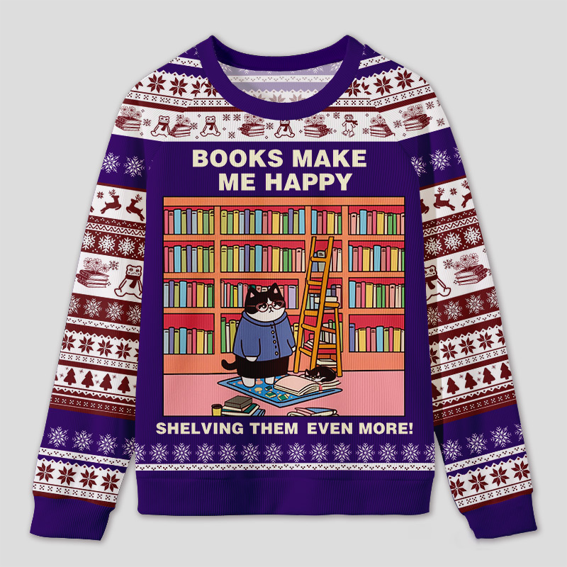 Personalized Hilarious Cat Rearranging Bookshelves Ugly Sweater Holiday Gift for Cat-Loving Book Loves