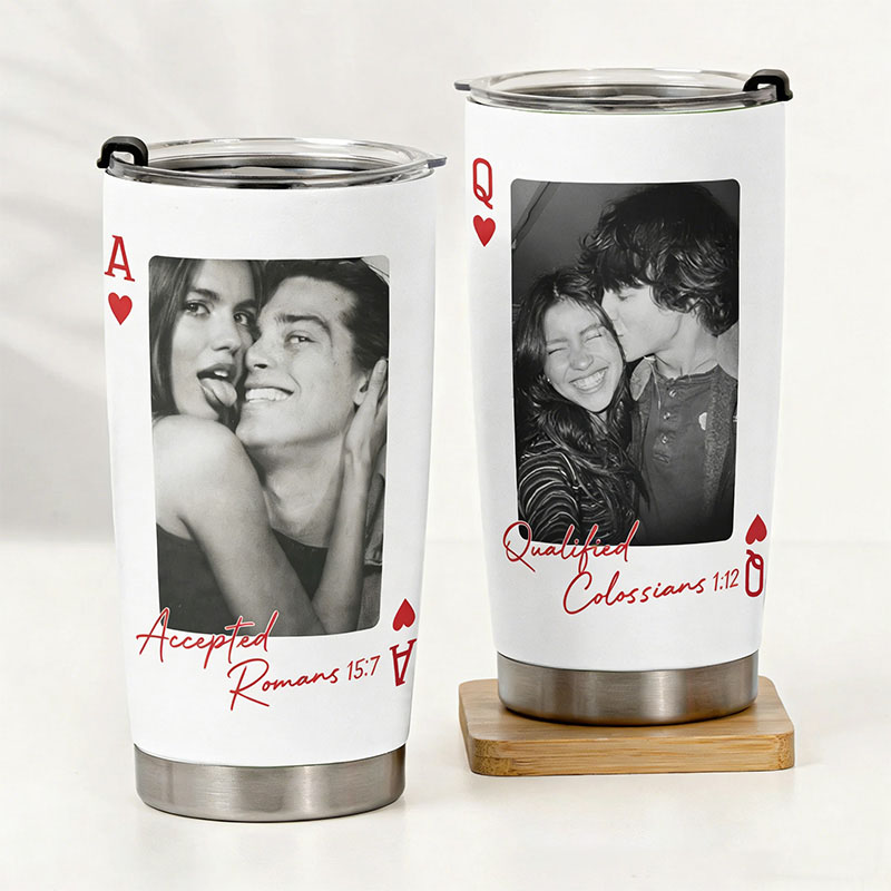 Personalized Playing Card 20oz Stainless Steel Tumbler with Custom Couples Photo and Initial Religious Bible Verse Cup Christian Gift for Couple