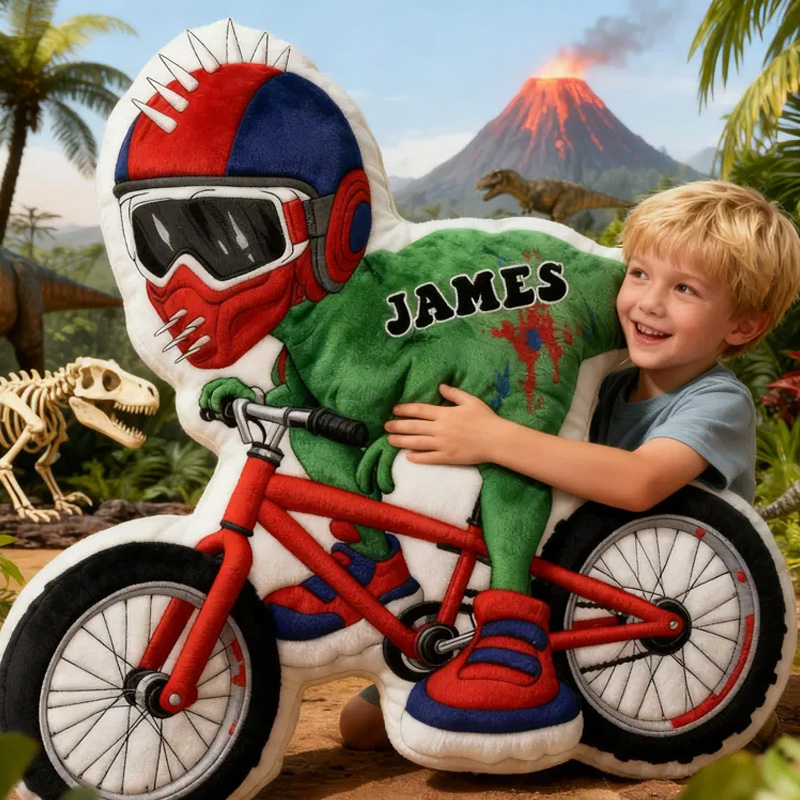 Personalized Dino Rider Bike Pillow Cozy Graphic 3D Print Cool Biker Dino Racing Pillow Name Pillow Comfortable Travel Cushion for Kids Boys Riding Lovers