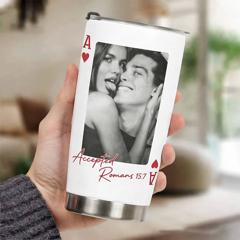 Personalized Playing Card 20oz Stainless Steel Tumbler with Custom Couples Photo and Initial Religious Bible Verse Cup Christian Gift for Couple