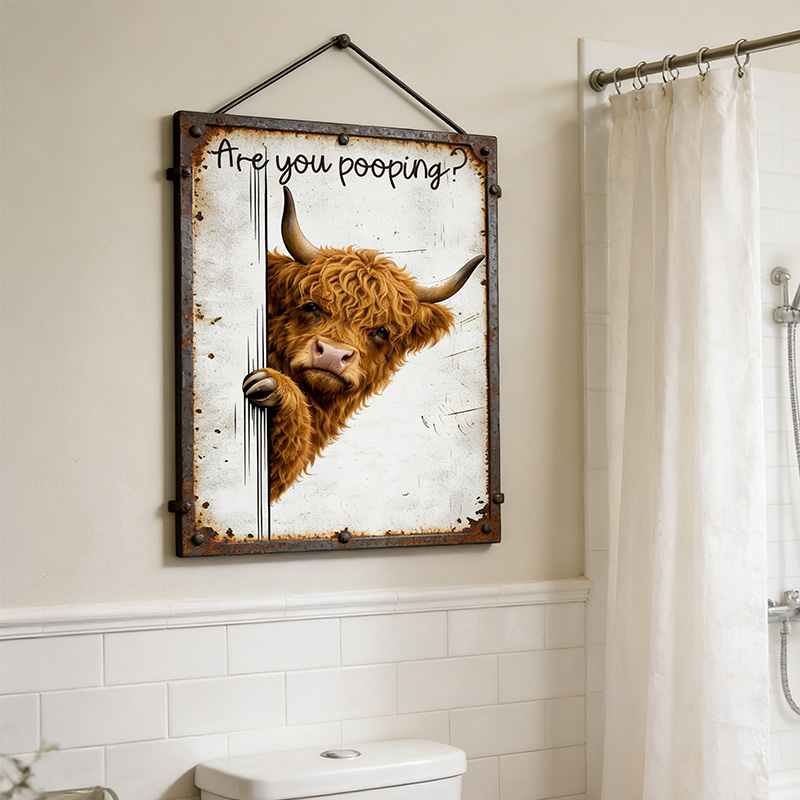 Are You Pooping Highland Cow Sign, Funny Peeking Bathroom Decor, Rustic Farmhouse Humor