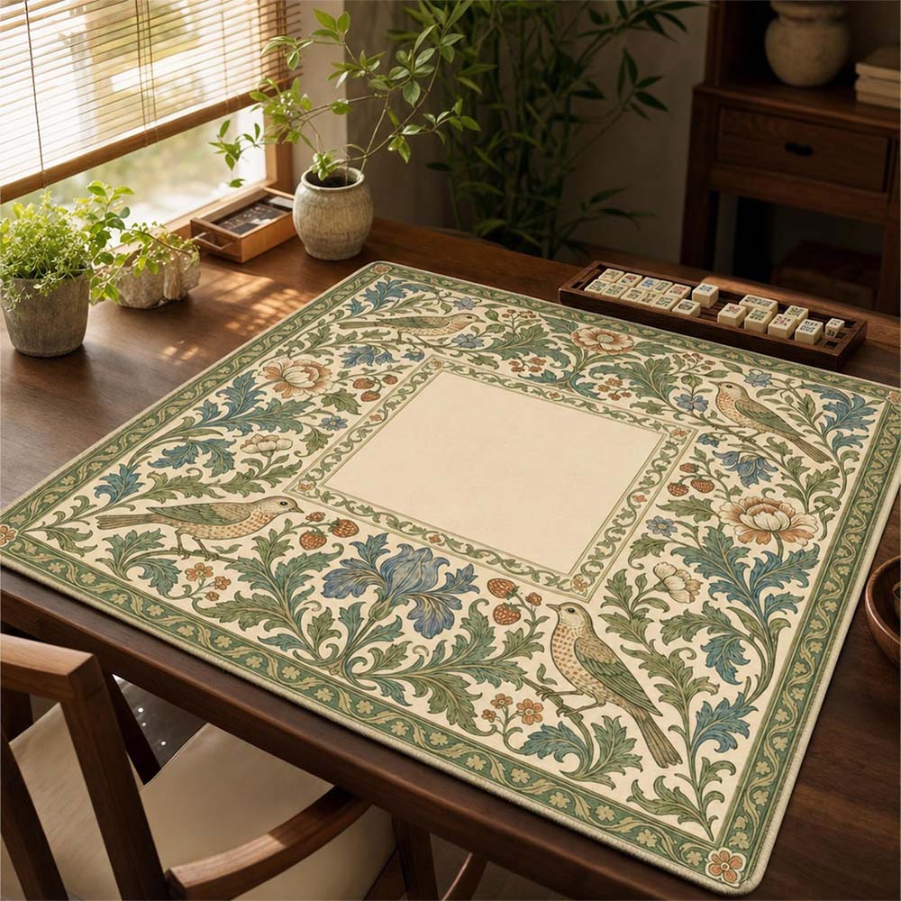 William Morris Inspired Mahjong Mat Arts and Crafts Thrush & Strawberry Game Mat Victorian Botanical Non Slip Mat