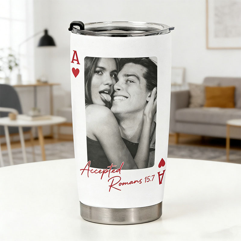 Personalized Playing Card 20oz Stainless Steel Tumbler with Custom Couples Photo and Initial Religious Bible Verse Cup Christian Gift for Couple