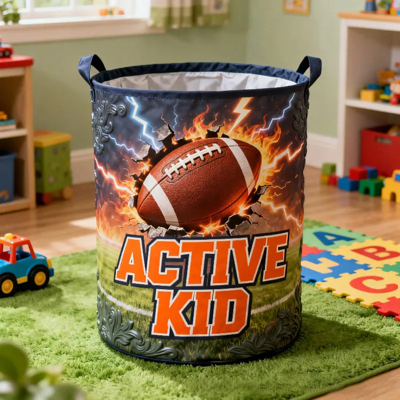 Personalized Football Storage Basket with Bold Lightning Design and Name for Young Athletes and Fans