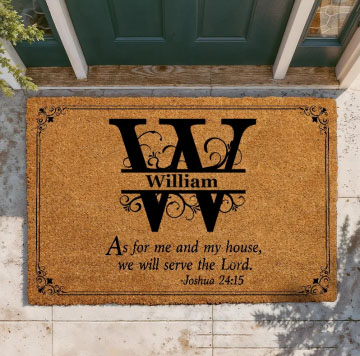 Personalized We Will Serve the Lord with Initials of Family Name Doormat Non-Slip Welcome Mat Religious Housewarming Gift