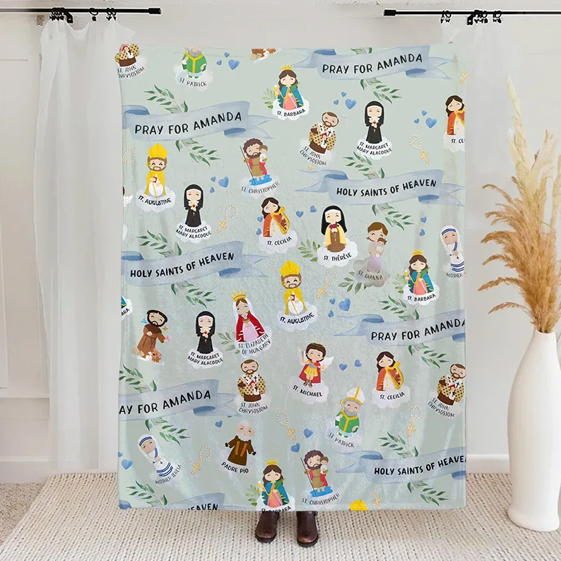 Personalized Holy Saints of Heaven Cartoon Soft Blanket with Name Religion Home Decor Prayer Gift for Kids Catholics