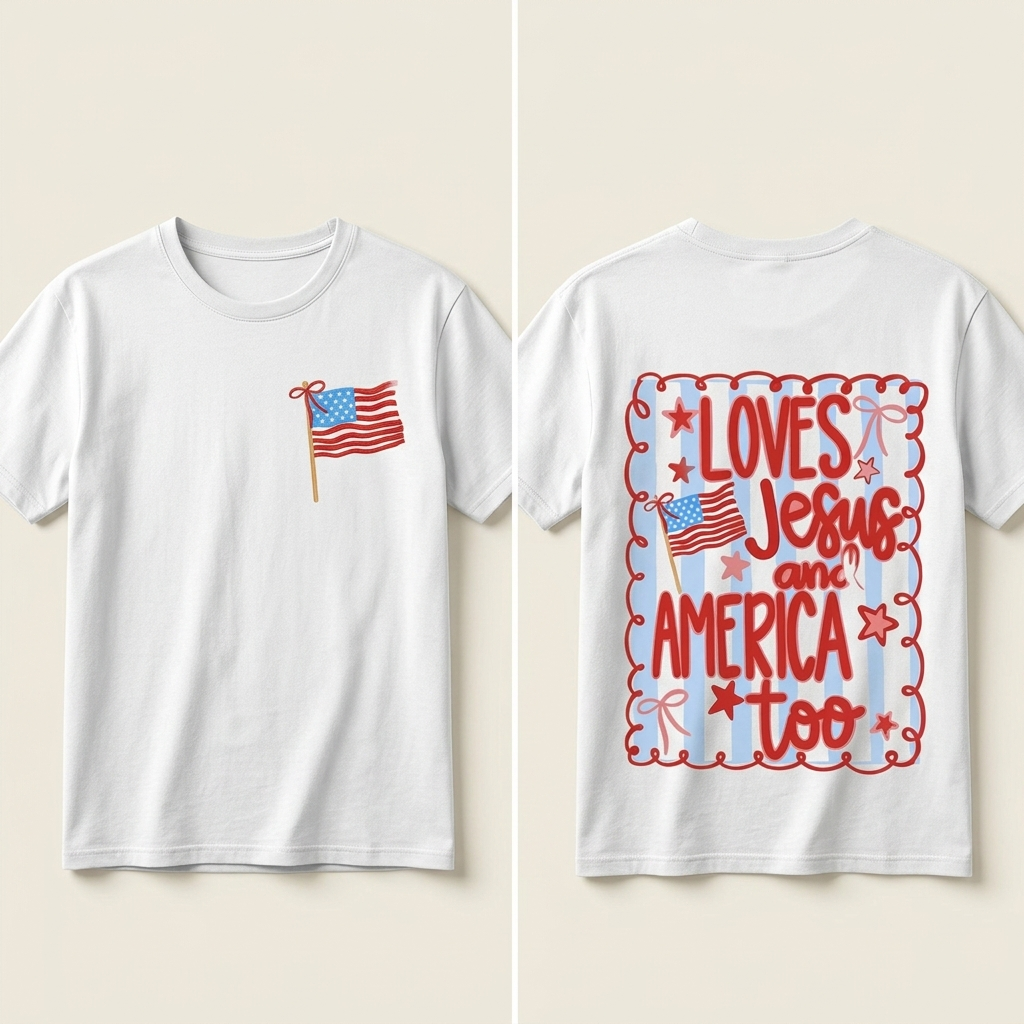 250th USA Anniversary T-Shirt Loves Jesus and America Too 4th of July Patriotic Coquette Bow Tee American Flag  