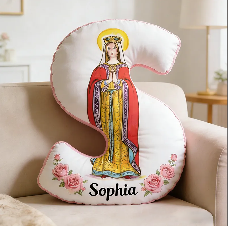 Personalized Saint Amelia Pink Rose Letter Pillow with Name Home Decor Catholic Gift Religious Gift for Women Graphic 3D Print Pillow
