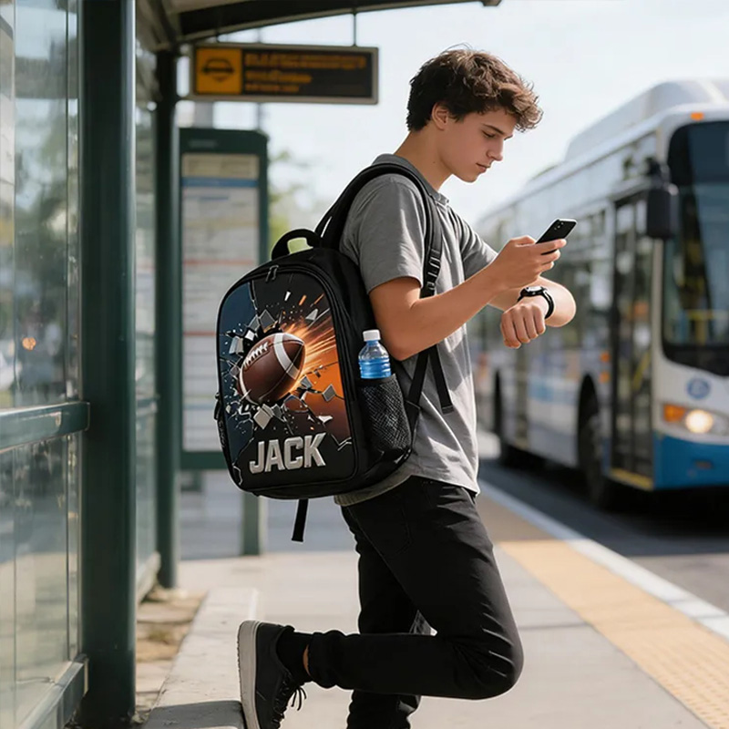 Personalized Football Backpack with Custom Name and Dynamic Design for Football Fans Black to School Gift