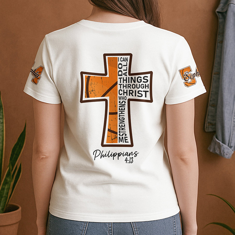 Personalized Basketball and Faith T-Shirt with Philippians 4:13 and Custom Name Christian Sports Gift Religious Gift for Basketball Lover