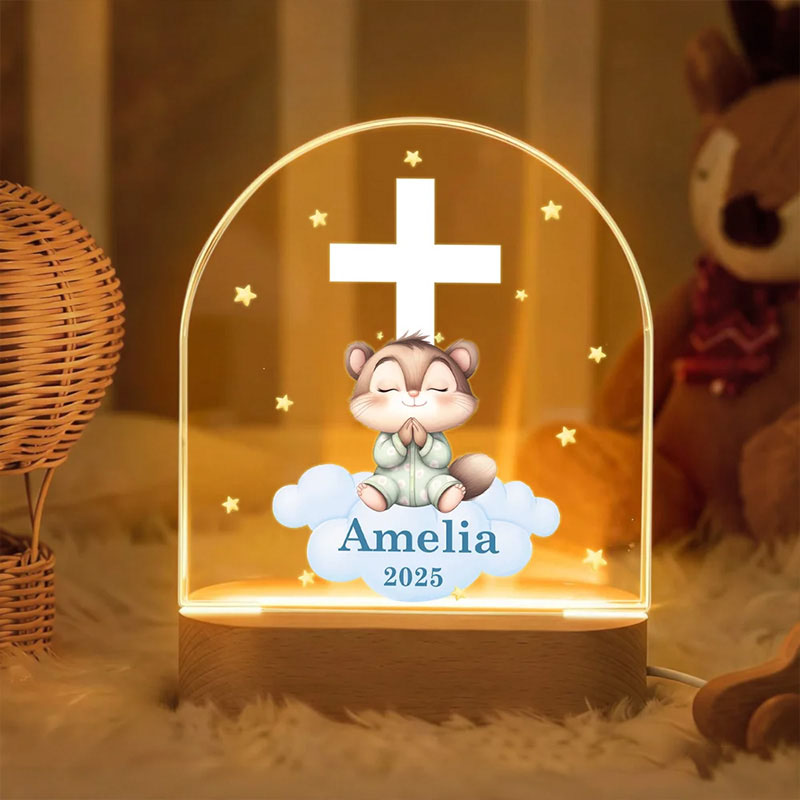 Personalized Cross Star Praying Animal Wooden Base Acrylic LED Night Light with Name Baptism Birthday Gift Religious Gift for Kids