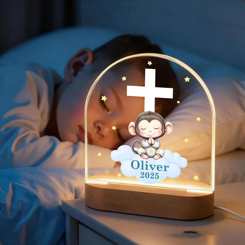 Personalized Cross Star Praying Animal Wooden Base Acrylic LED Night Light with Name Baptism Birthday Gift Religious Gift for Kids
