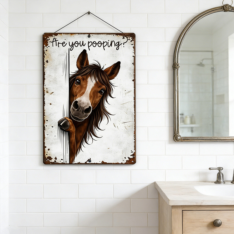 Are You Pooping Horse Sign, Funny Farm Animal Decor, Peeking Horse Rustic Metal Sign, Farmhouse Bathroom Humor Wall Art