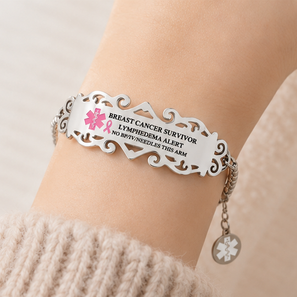 Personalized Pink Ribbon Bow Lymphedema Medical Alert Bracelet with Engraved Text and Title Emergency Jewelry Care Gift for Breast Cancer Woman