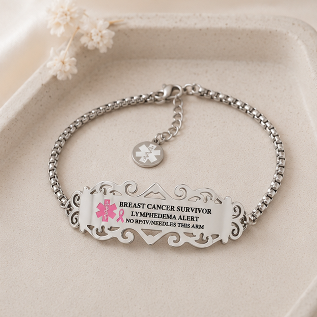 Personalized Pink Ribbon Bow Lymphedema Medical Alert Bracelet with Engraved Text and Title Emergency Jewelry Care Gift for Breast Cancer Woman