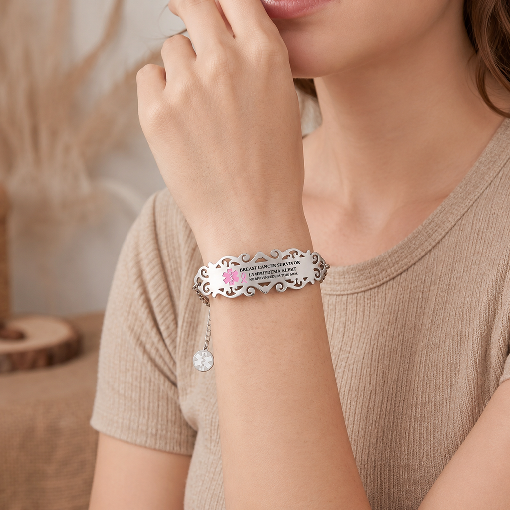 Personalized Pink Ribbon Bow Lymphedema Medical Alert Bracelet with Engraved Text and Title Emergency Jewelry Care Gift for Breast Cancer Woman