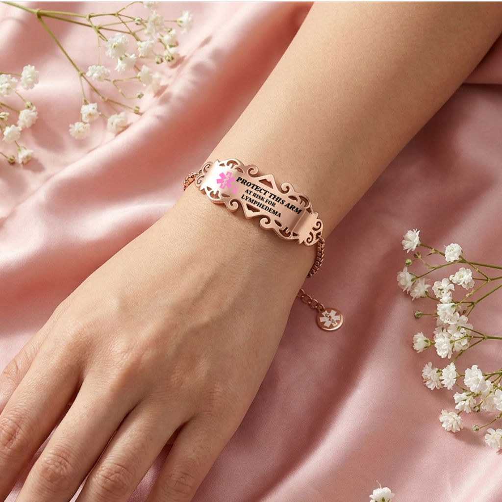 Personalized Pink Ribbon Bow Lymphedema Medical Alert Bracelet with Engraved Text and Title Emergency Jewelry Care Gift for Breast Cancer Woman