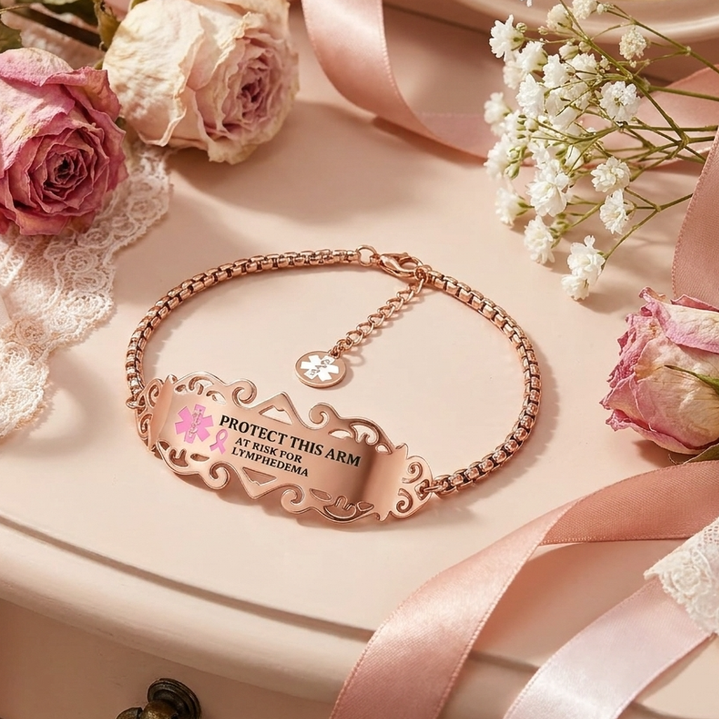 Personalized Pink Ribbon Bow Lymphedema Medical Alert Bracelet with Engraved Text and Title Emergency Jewelry Care Gift for Breast Cancer Woman