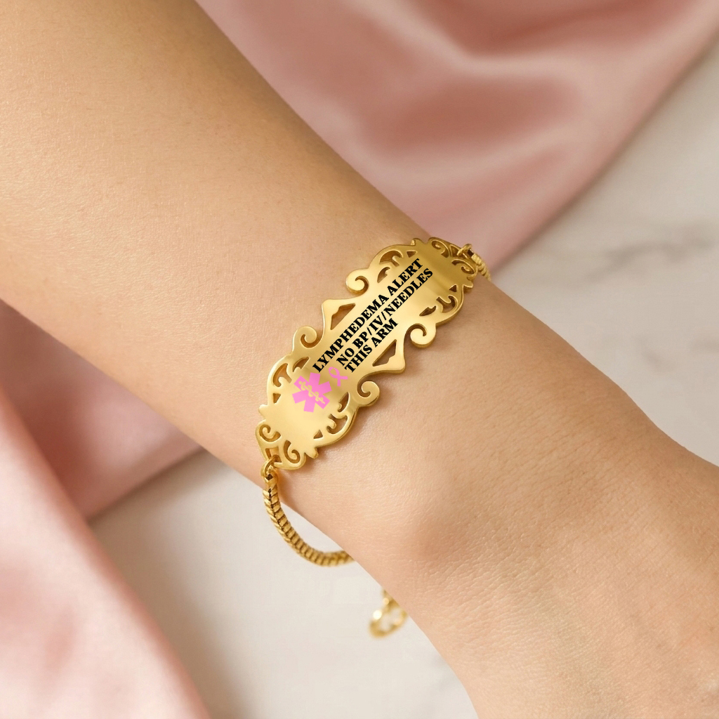 Personalized Pink Ribbon Bow Lymphedema Medical Alert Bracelet with Engraved Text and Title Emergency Jewelry Care Gift for Breast Cancer Woman