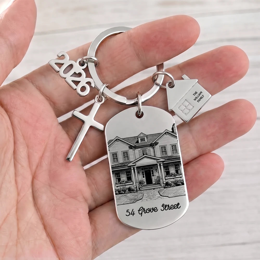 Personalized Photo Pencil Sketch New Home New Beginnings New Memories - Personalized Stainless Steel Keychain