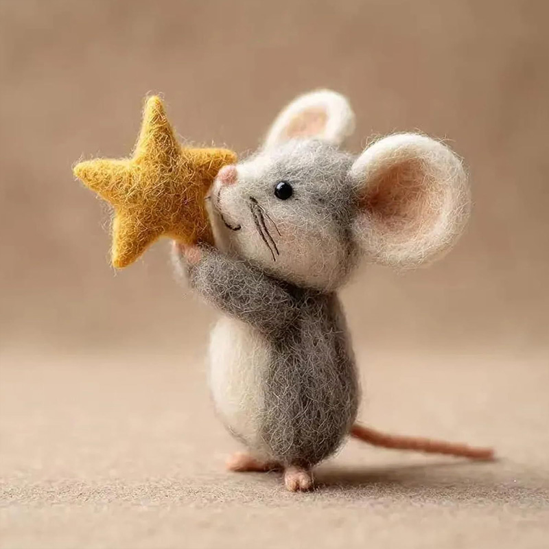 Needle Felted Mouse with Star, Handmade Wool Animal Figurine, Whimsical Miniature Gift
