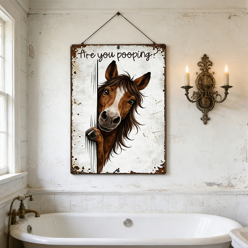 Are You Pooping Horse Sign, Funny Farm Animal Decor, Peeking Horse Rustic Metal Sign, Farmhouse Bathroom Humor Wall Art
