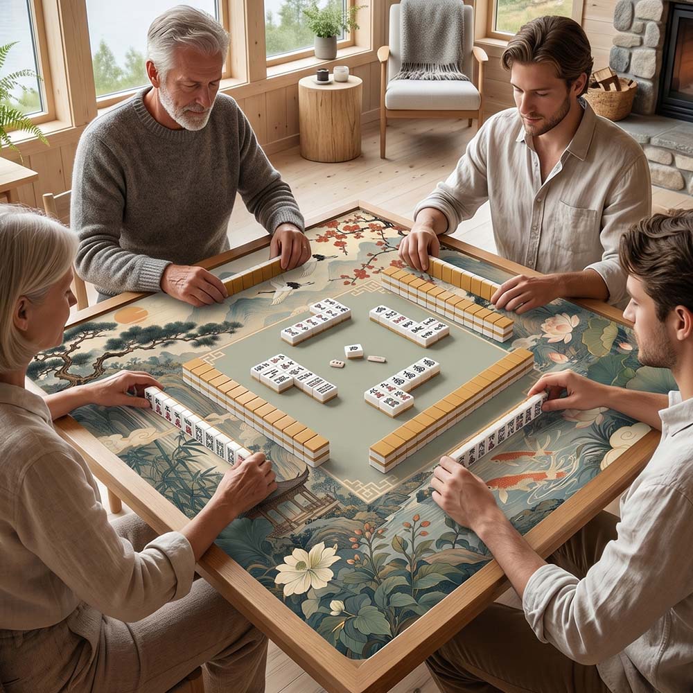 Chinese Landscape Mahjong Mat Shan Shui Crane Koi & Lotus Pavilion Game Mat Classical Chinese Art Non Slip Sages of the Past