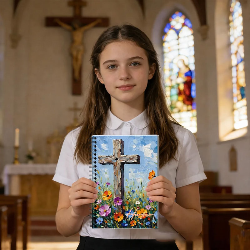Personalized Flower Cross A5 Spiral Notebook with Name Back to School Birthday Gift Religious Gift for Christian Student