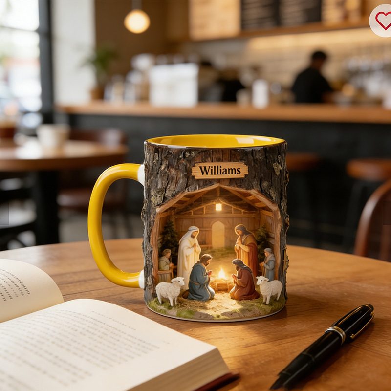 Personalized Nativity Scene 11oz Ceramic Mug with Custom Name Wood Textured Coffee Mug Religious Christian Gift Christmas Gift