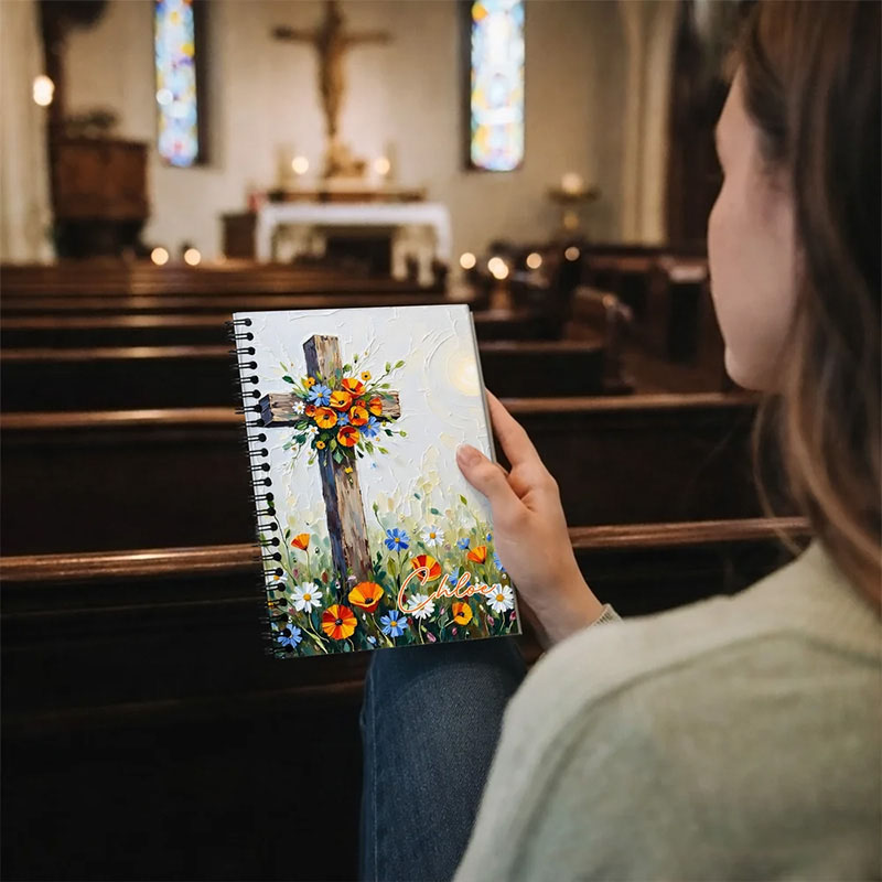 Personalized Flower Cross A5 Spiral Notebook with Name Back to School Birthday Gift Religious Gift for Christian Student