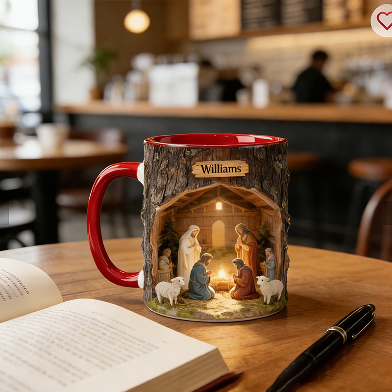 Personalized Nativity Scene 11oz Ceramic Mug with Custom Name Wood Textured Coffee Mug Religious Christian Gift Christmas Gift