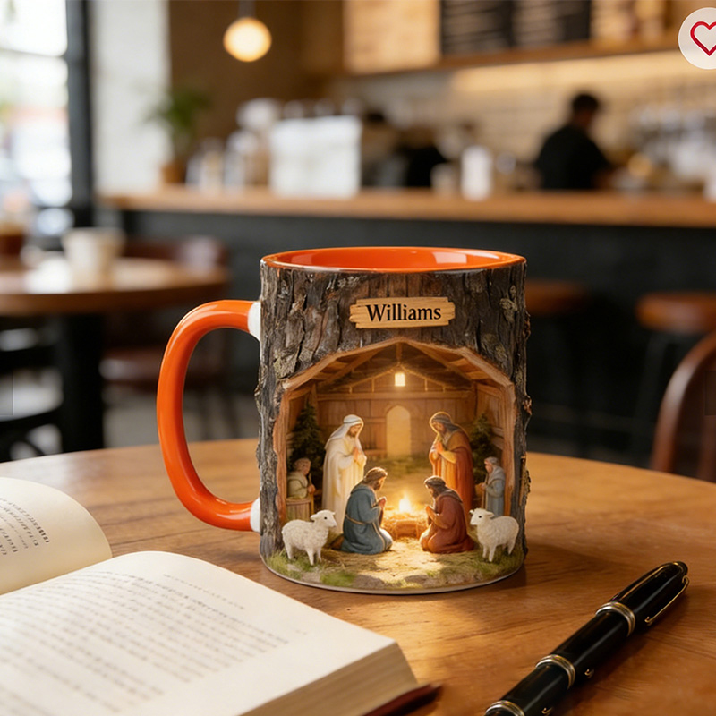 Personalized Nativity Scene 11oz Ceramic Mug with Custom Name Wood Textured Coffee Mug Religious Christian Gift Christmas Gift