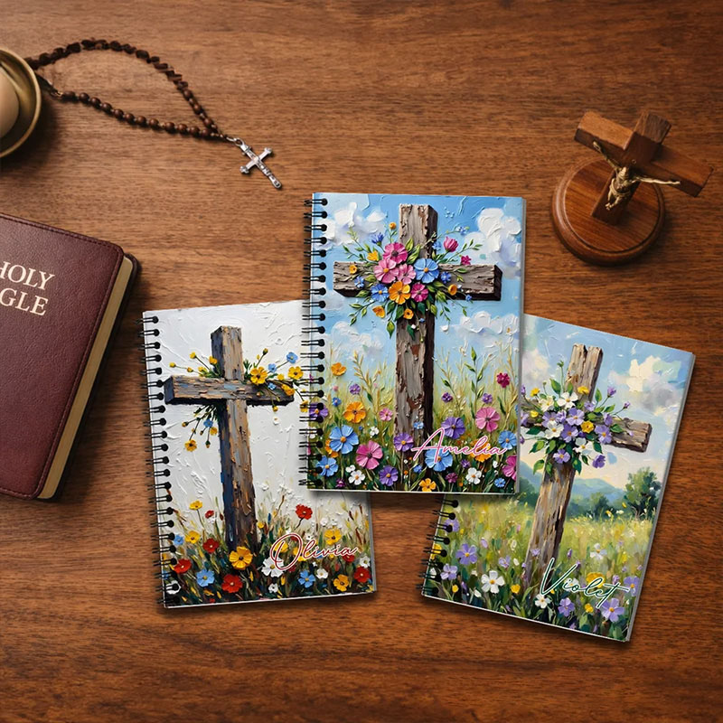 Personalized Flower Cross A5 Spiral Notebook with Name Back to School Birthday Gift Religious Gift for Christian Student