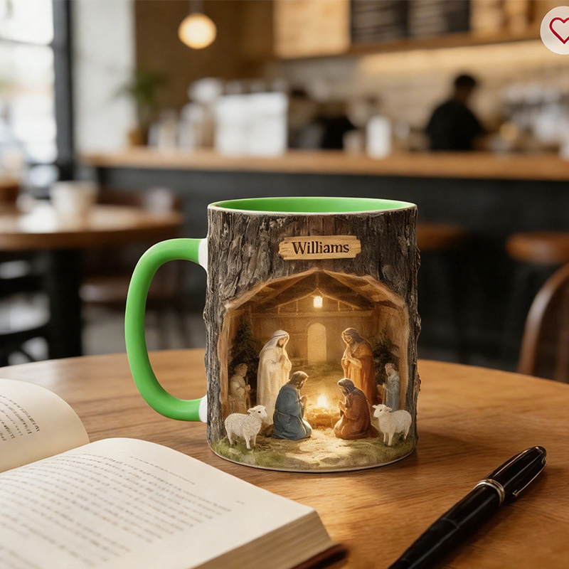 Personalized Nativity Scene 11oz Ceramic Mug with Custom Name Wood Textured Coffee Mug Religious Christian Gift Christmas Gift