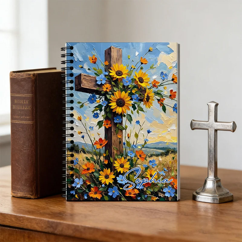 Personalized Flower Cross A5 Spiral Notebook with Name Back to School Birthday Gift Religious Gift for Christian Student