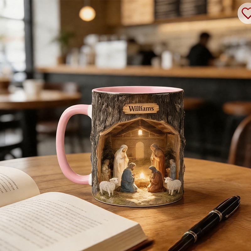 Personalized Nativity Scene 11oz Ceramic Mug with Custom Name Wood Textured Coffee Mug Religious Christian Gift Christmas Gift