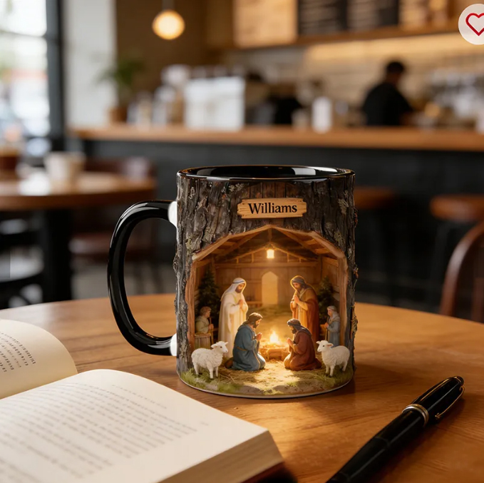 Personalized Nativity Scene 11oz Ceramic Mug with Custom Name Wood Textured Coffee Mug Religious Christian Gift Christmas Gift