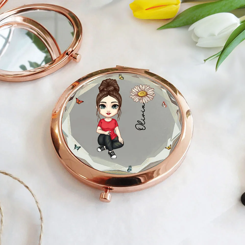 Personalized Cartoon Character Compact  Bridesmaid Pocket Makeup Mirror with Birth Flower and Name Birthday Bridesmaid Gift for Her