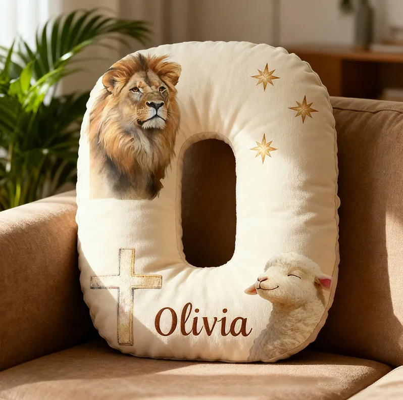 Personalized Lion and Lamb Letter Pillow with Custom Name Religious Home Decor Christian Gift Faith Gift Graphic 3D Print Pillow for Women and Men